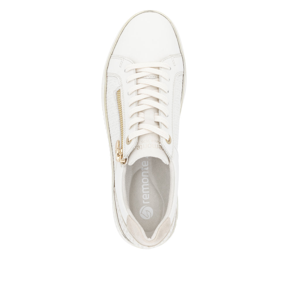 Remonte D2E00-80 women's wide white leather lace-up shoes with zip detail and stylish design.
