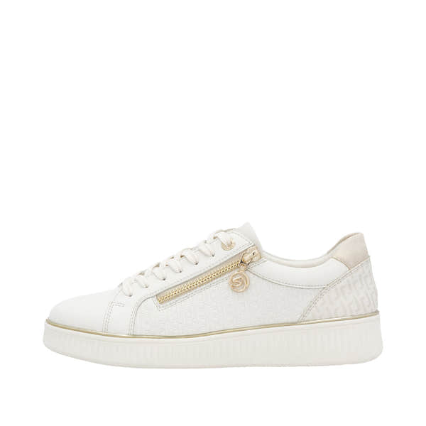 Remonte D2E00-80 women's wide white leather sneaker with gold zipper and lace-up closure.