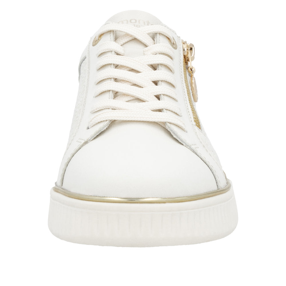 Remonte D2E00-80 women's wide white leather sneakers with lace-up and side zipper for easy wear.