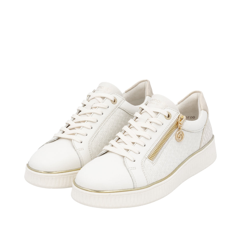 Remonte D2E00-80 women's wide white leather sneakers with lace-up closure and gold zipper detail, stylish casual shoes.
