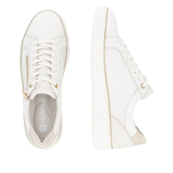 Remonte D2E00-80 women's white leather zip and lace-up shoes with wide fit and textured details.