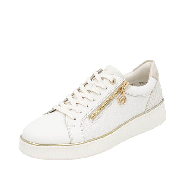 Remonte D2E00-80 women's wide white leather sneakers with lace-up, gold zipper detail, and casual platform sole.