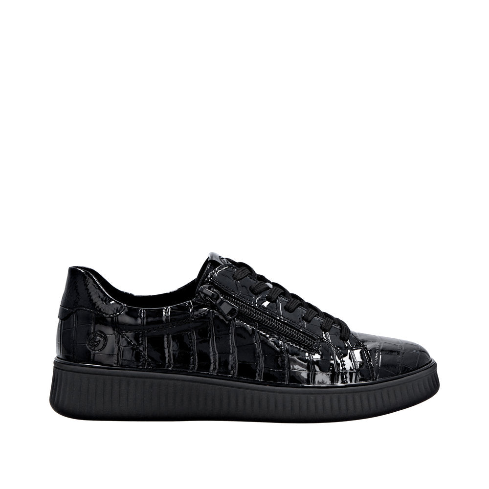 Remonte D2E01-00 women's wide-fit black patent lace-up shoes with zipper detail and chunky sole.