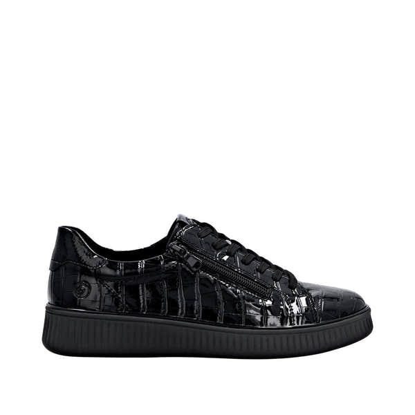 Remonte D2E01-00 women's wide-fit black patent lace-up shoes with zipper detail and chunky sole.