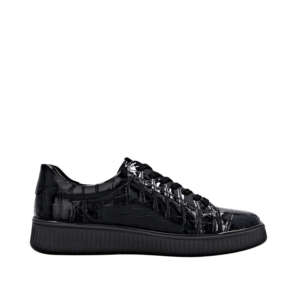 Remonte D2E01-00 ladies wide-fit black patent lace-up sneakers with zip and stylish crocodile pattern.