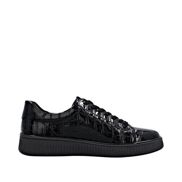 Remonte D2E01-00 ladies wide-fit black patent lace-up sneakers with zip and stylish crocodile pattern.