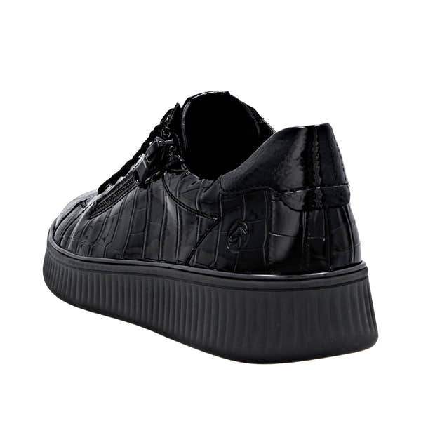 Remonte D2E01-00 women's black wide-fit sneakers with zipper and lace, featuring glossy faux crocodile texture and chunky sole.
