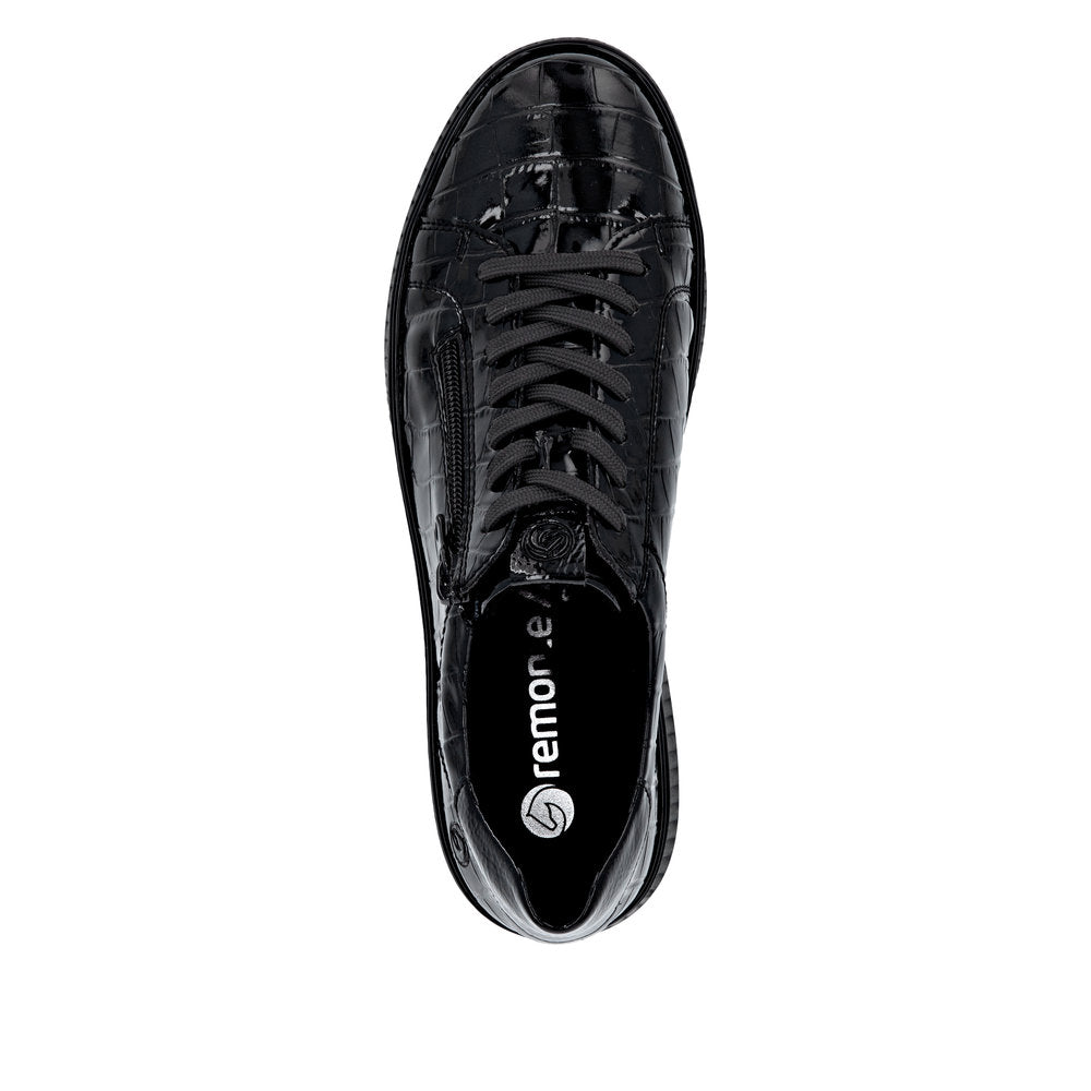 Remonte D2E01-00 women's wide black lace-up shoes with zipper detail and glossy faux crocodile texture.