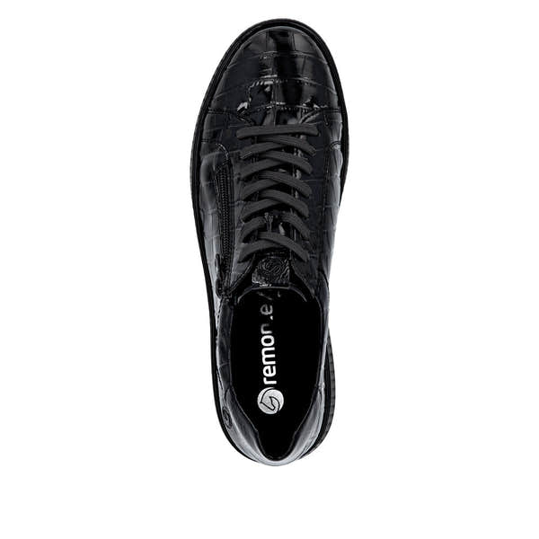 Remonte D2E01-00 women's wide black lace-up shoes with zipper detail and glossy faux crocodile texture.