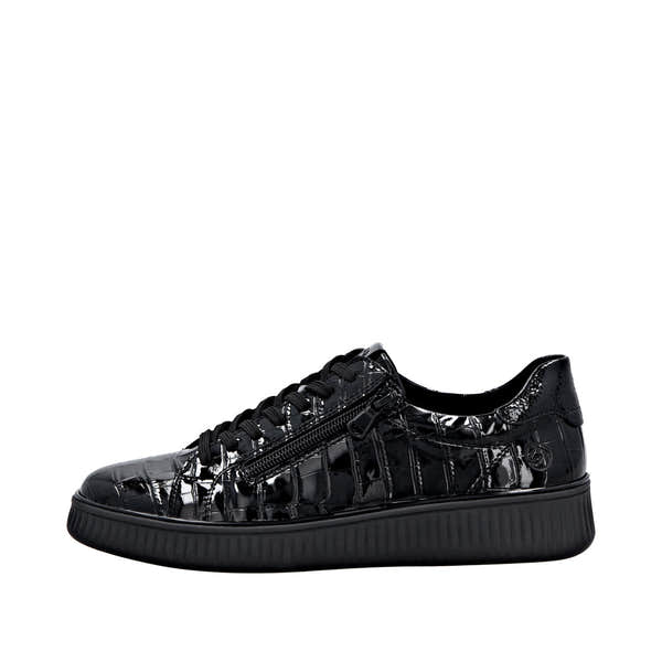 Remonte D2E01-00 women's black patent leather sneakers with zip and lace-up closure, with a chunky rubber sole.