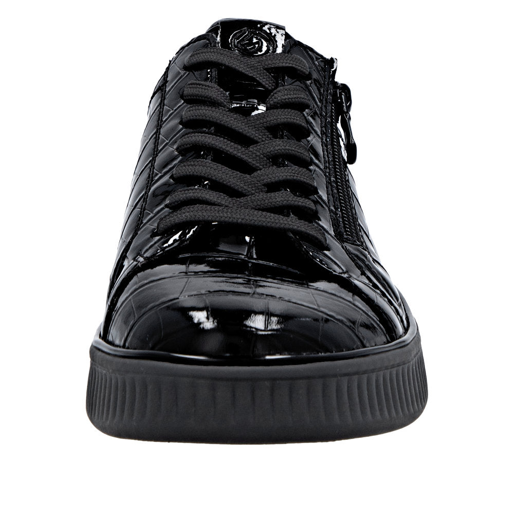 Remonte D2E01-00 women's wide-fit black shoes with lace-up, zip closure, and glossy finish.
