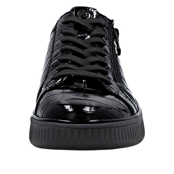 Remonte D2E01-00 women's wide-fit black shoes with lace-up, zip closure, and glossy finish.