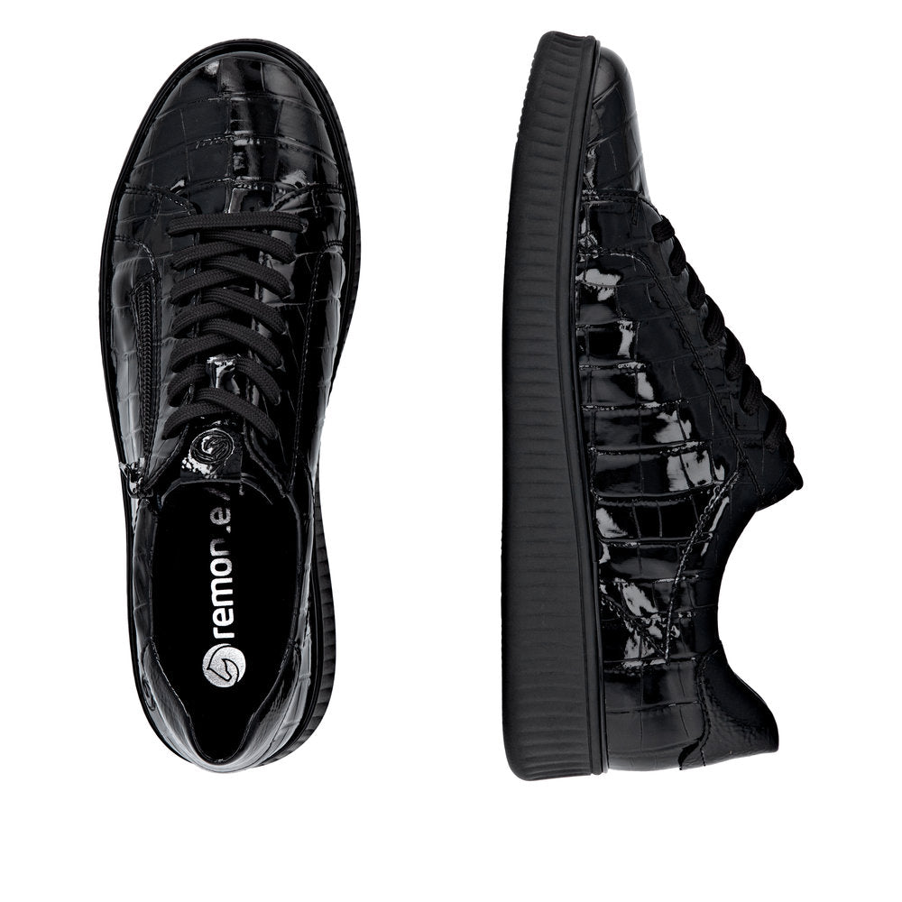 Black glossy lace-up women's shoes with side zipper, wide fit, and cushioned platform sole.
