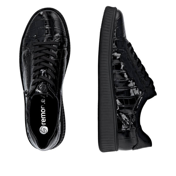 Black glossy lace-up women's shoes with side zipper, wide fit, and cushioned platform sole.