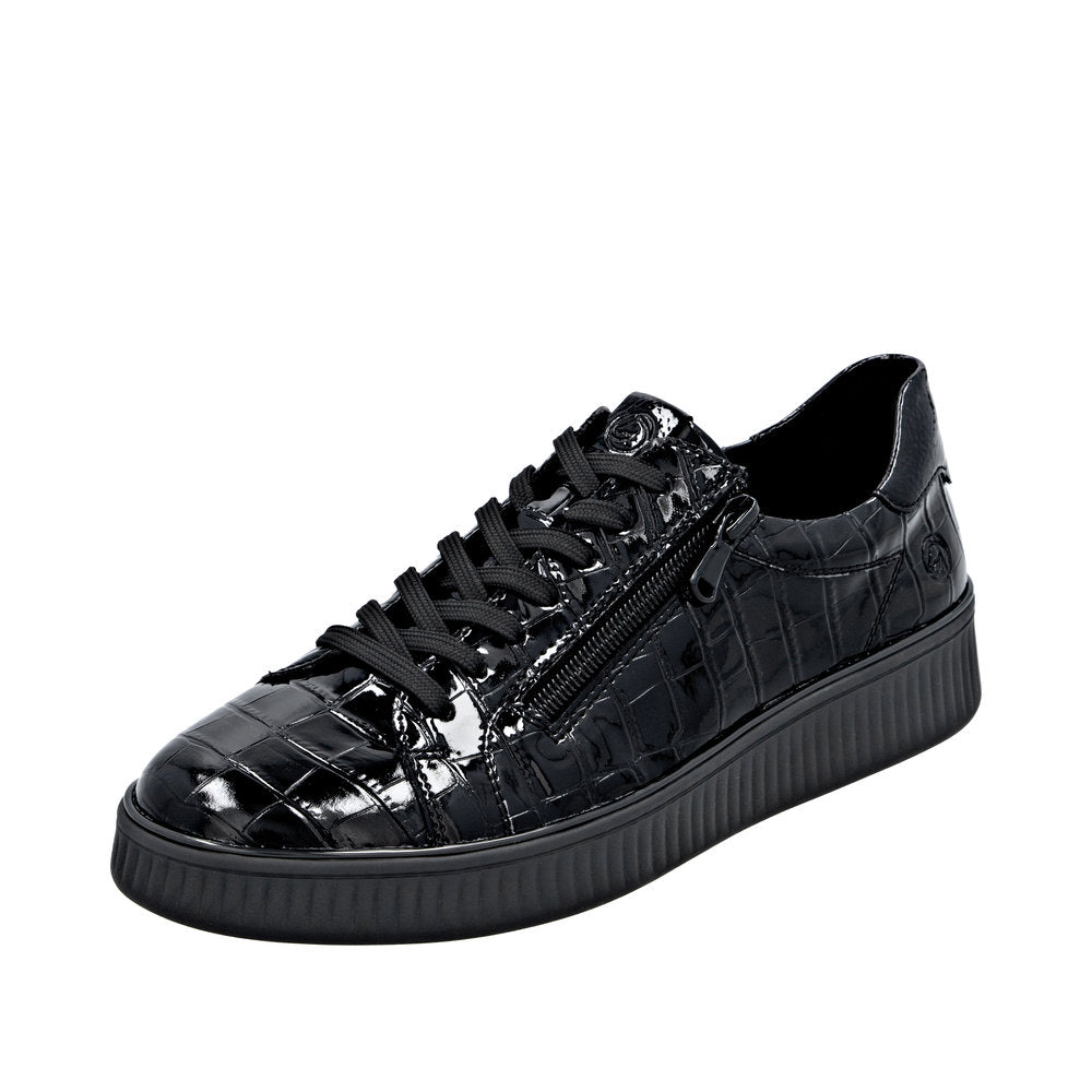 Remonte D2E01-00 women's black patent lace-up sneaker with side zipper, wide fit, faux crocodile texture, and slip-resistant sole.