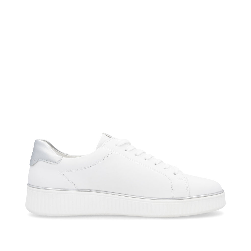 Remonte D2E01-80 women's white leather trainers with zip and lace-up closure, wide fit, chunky sole, stylish and comfortable casual sneakers.