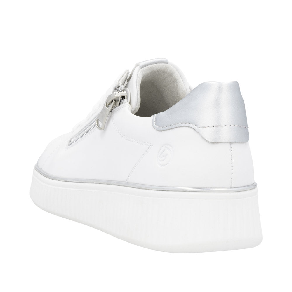Remonte D2E01-80 ladies wide white leather trainers with zip and lace-up front, chunky sole, and stylish design.