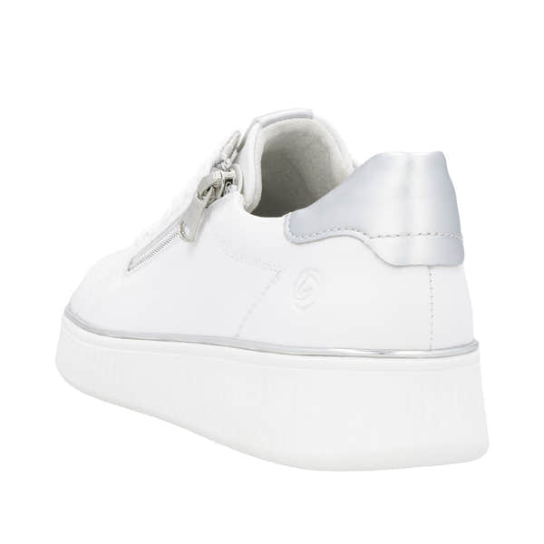 Remonte D2E01-80 ladies wide white leather trainers with zip and lace-up front, chunky sole, and stylish design.