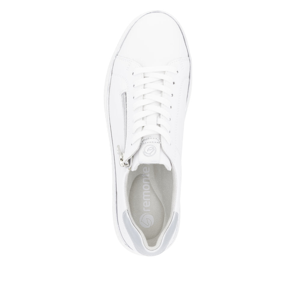 Remonte D2E01-80 ladies wide-fit white leather trainers with zip and lace-up closure, stylish and comfortable footwear.