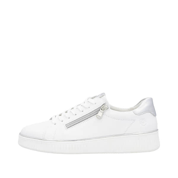Remonte D2E01-80 women's wide white leather trainers with zip and lace-up design, chunky sole, and stylish silver accents.