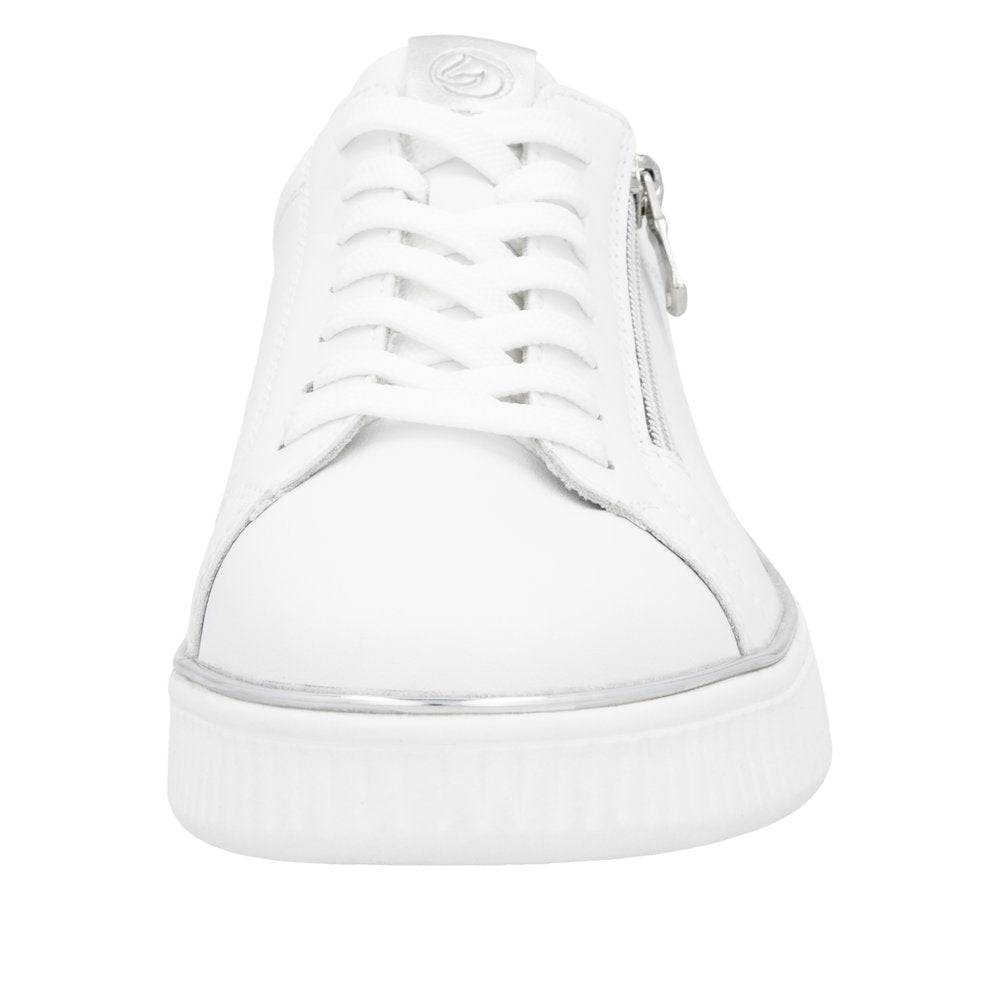 Remonte D2E01-80 women's white leather trainers with zip and lace-up design, thick rubber sole, and stylish casual footwear.