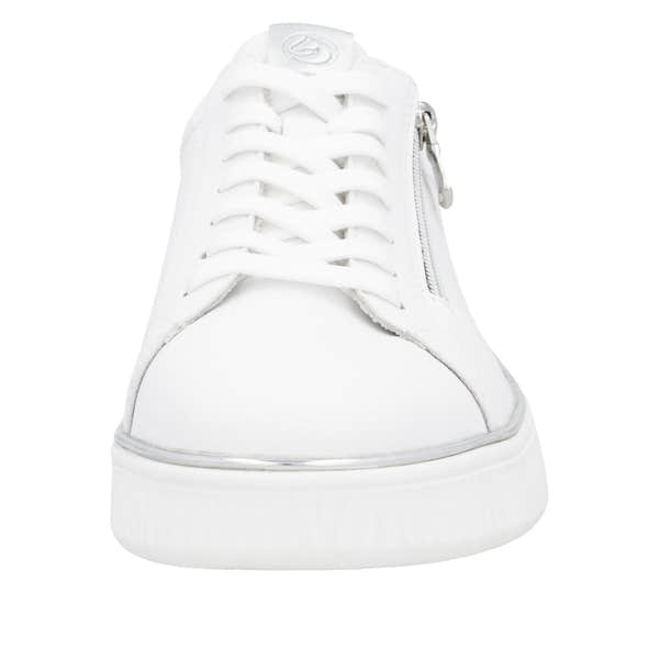 Remonte D2E01-80 women's white leather trainers with zip and lace-up design, thick rubber sole, and stylish casual footwear.