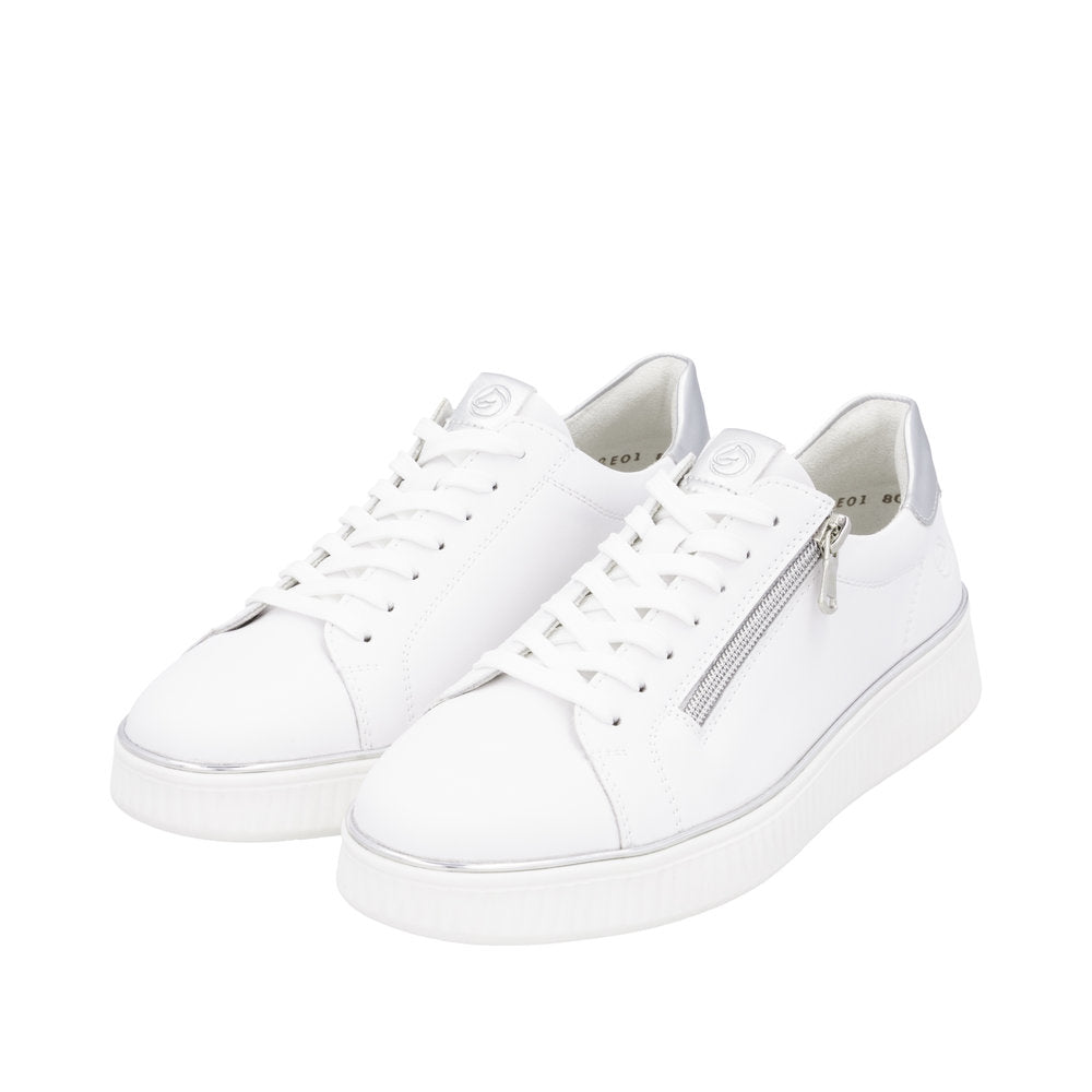 Remonte D2E01-80 women's wide white leather trainers with lace-up and side zipper detail.