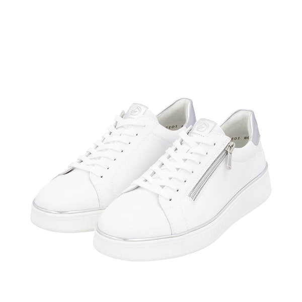 Remonte D2E01-80 women's wide white leather trainers with lace-up and side zipper detail.