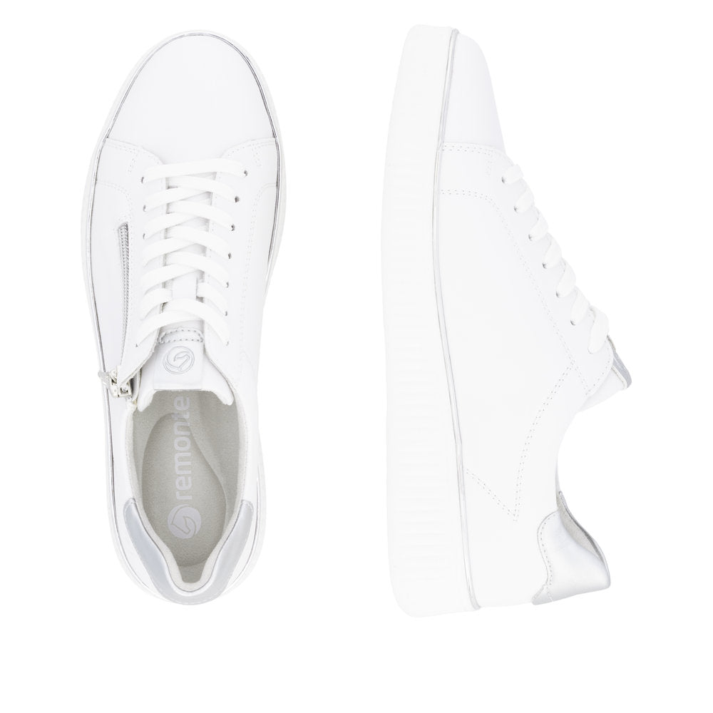 Remonte D2E01-80 white leather women's wide fit trainers with zip and lace-up closure, stylish and comfortable footwear.
