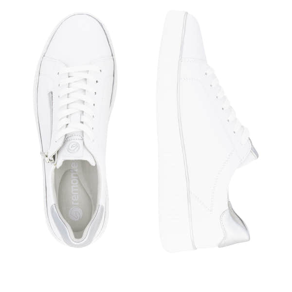 Remonte D2E01-80 white leather women's wide fit trainers with zip and lace-up closure, stylish and comfortable footwear.