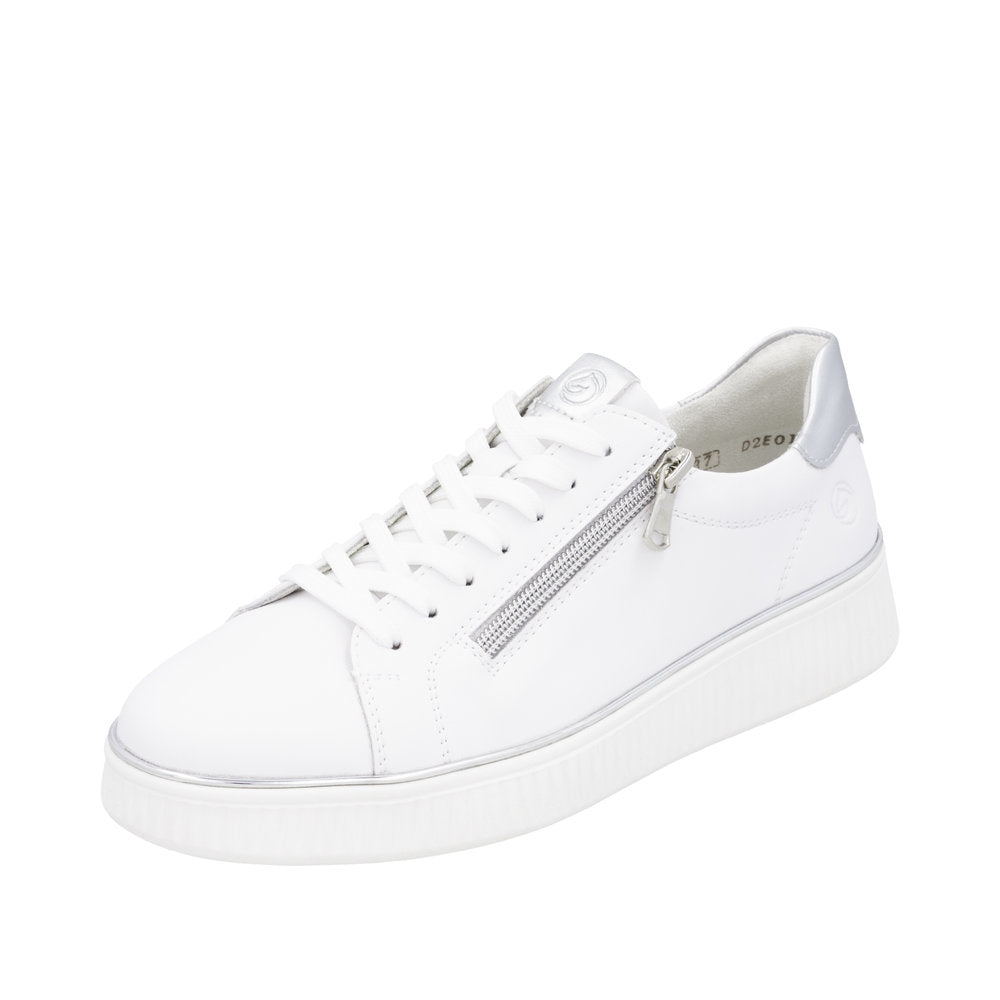 Remonte D2E01-80 women's white leather trainer with side zipper, lace-up closure, wide fit, and chunky rubber sole.