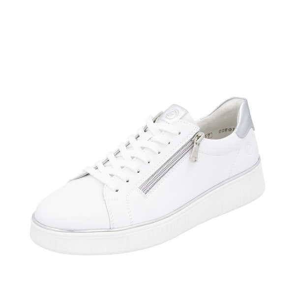 Remonte D2E01-80 women's white leather trainer with side zipper, lace-up closure, wide fit, and chunky rubber sole.