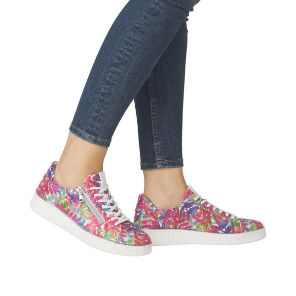 Remonte D2E02-90 women's wide-fit multi-colored leather zip and lace casual shoes with floral pattern and white sole.