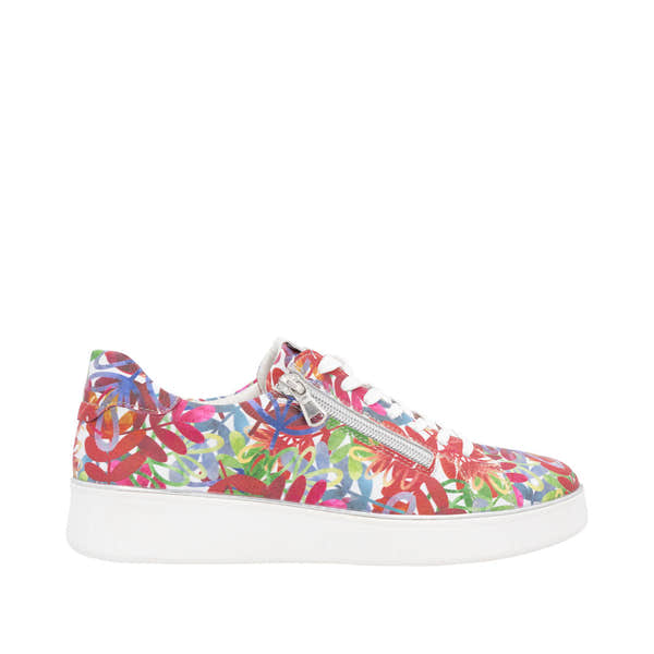 Remonte D2E02-90 women's wide multi-colored leather lace-up shoes with side zipper and chunky white sole.