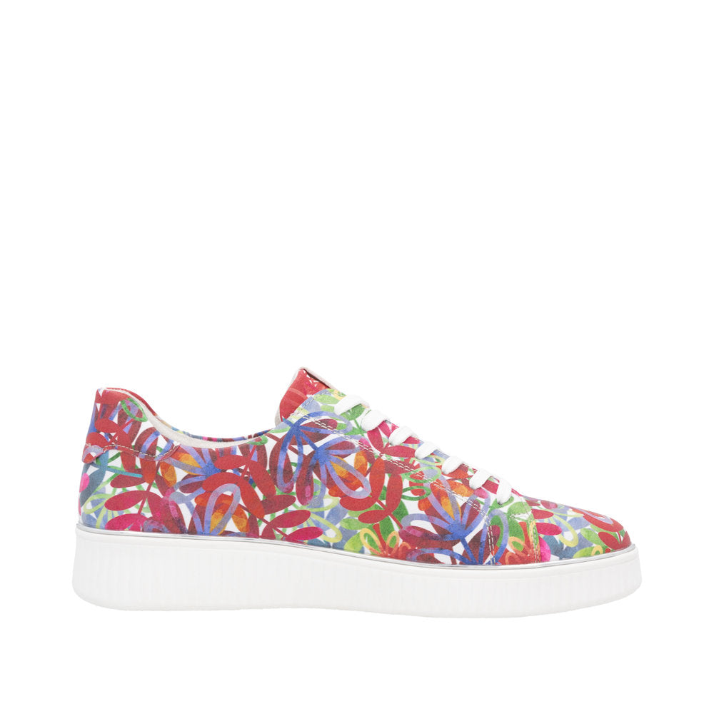 Remonte D2E02-90 women's wide-fit colorful multi-leather lace-up sneakers with zip fastening and chunky white sole.