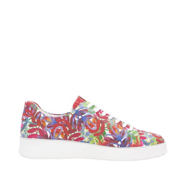 Remonte D2E02-90 women's wide-fit colorful multi-leather lace-up sneakers with zip fastening and chunky white sole.