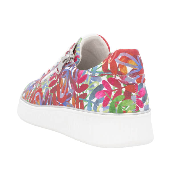 Remonte D2E02-90 women's wide multi-colored leather zip and lace casual sneaker with white sole.