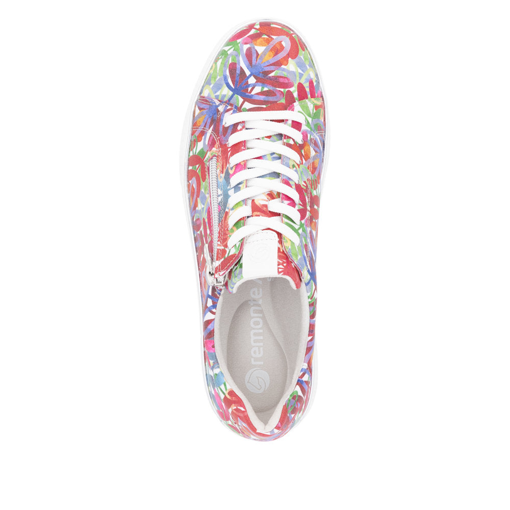 Remonte D2E02-90 women's wide multi leather zip and lace-up shoes with colorful abstract pattern, casual sneaker style.