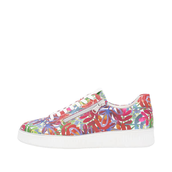 Remonte D2E02-90 women's wide fit multi-leather zip and lace-up casual sneakers with floral print and white rubber sole.