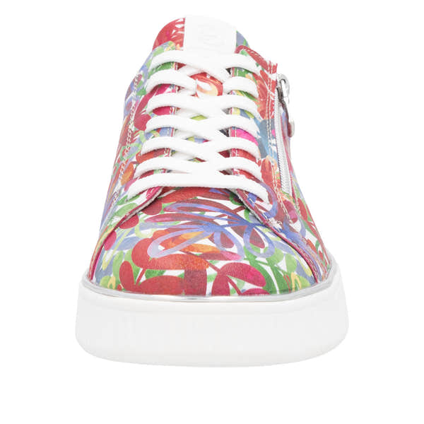 Remonte D2E02-90 women’s wide multi-color leather zip & lace sneakers with floral pattern and white rubber sole.