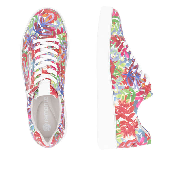 Remonte D2E02-90 women's wide multi leather zip & lace-up shoes with colorful floral pattern and white sole.