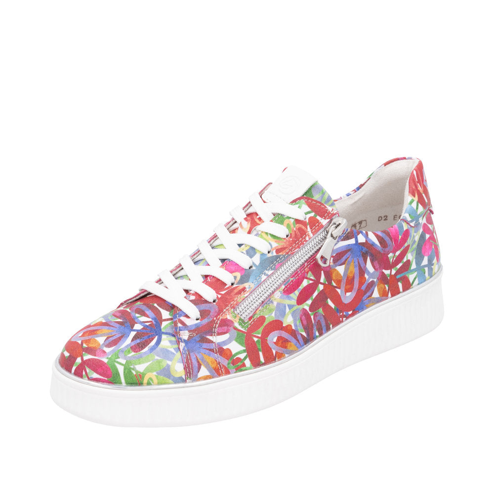 Remonte D2E02-90 women's wide-fit multi-leather sneakers with floral print, lace-up, side zipper, and white rubber sole.