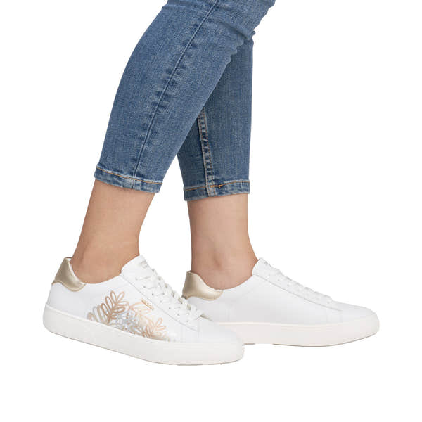Remonte D2J00-81 women's white leather trainers with gold accents, featuring lace-up & zip closure, casual sneaker style.