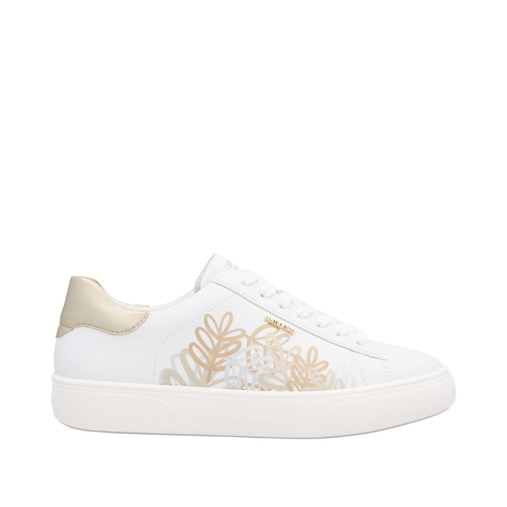 Remonte D2J00-81 women's wide white leather trainers with zip and lace-up, floral detail, beige heel accent, casual sneaker style.