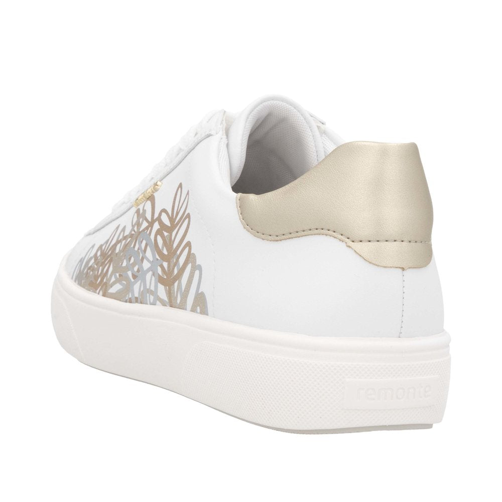 Remonte D2J00-81 women's wide white leather sneakers with lace-up, zip closure, beige heel detail, and floral side design.