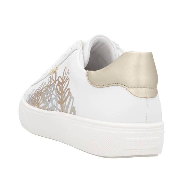 Remonte D2J00-81 women's wide white leather sneakers with lace-up, zip closure, beige heel detail, and floral side design.