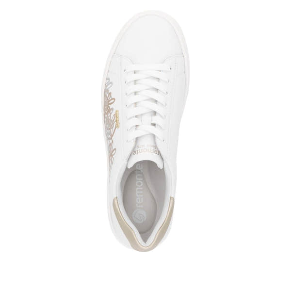 Remonte D2J00-81 women's wide white leather trainers with zip and lace closure, featuring gold and beige accents.