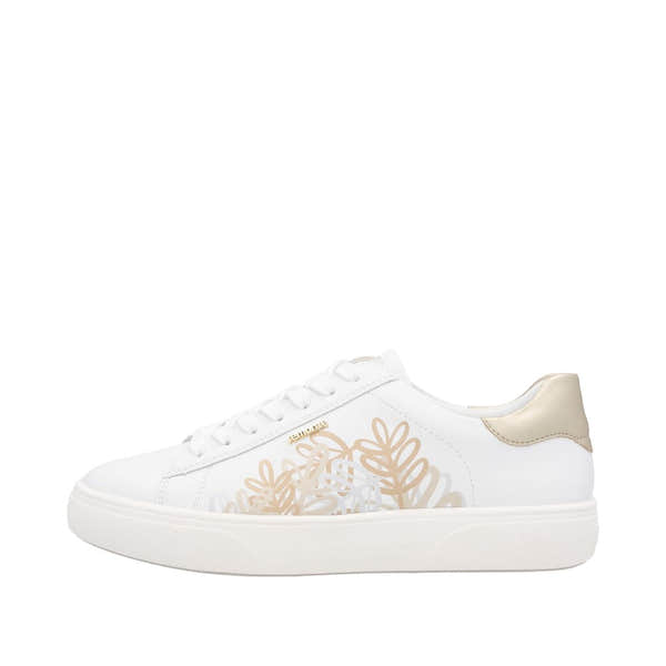 Remonte D2J00-81 women's wide white leather trainers with zip and lace detail, gold accents, and floral design on side.