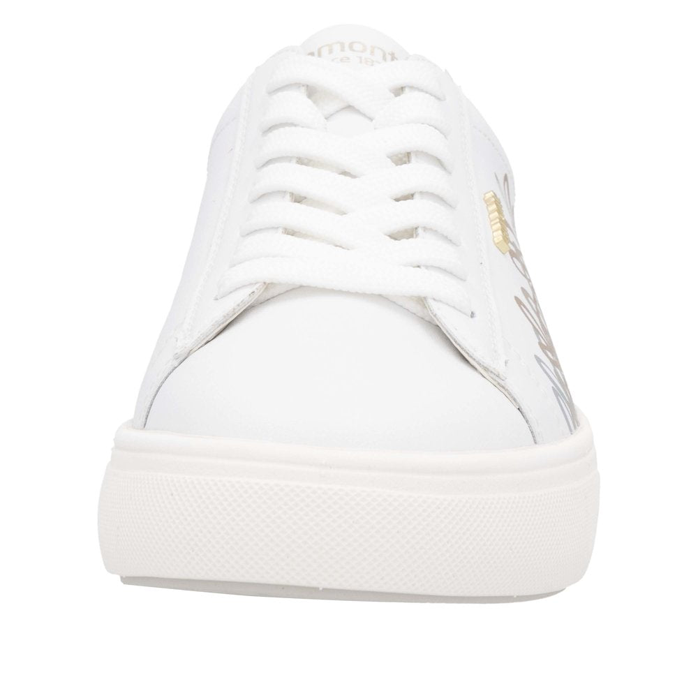 Remonte D2J00-81 women's wide white leather trainers with zip and lace closure, casual sneaker, stylish and comfortable footwear.