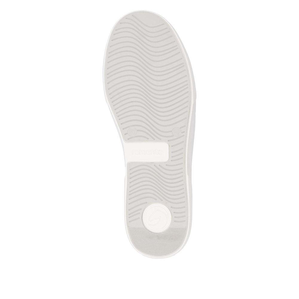 Remonte D2J00-81 women's wide white leather trainers with zip and lace closure, featuring durable rubber sole with grip pattern.